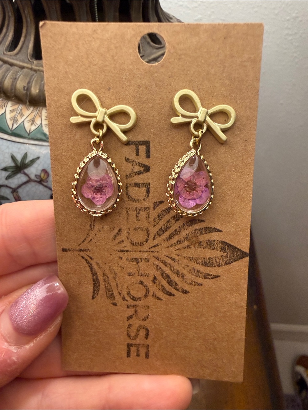 LSF VIBES Gold Bow Drop Earrings with Pink Teardrop Flower